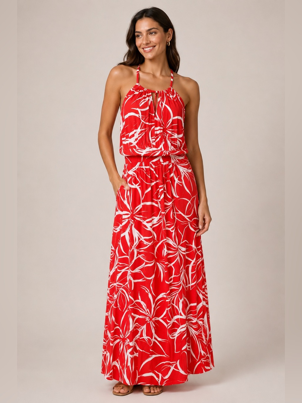London Times Red White Floral Halter Maxi Dress Size 10 Pre-Loved #1109